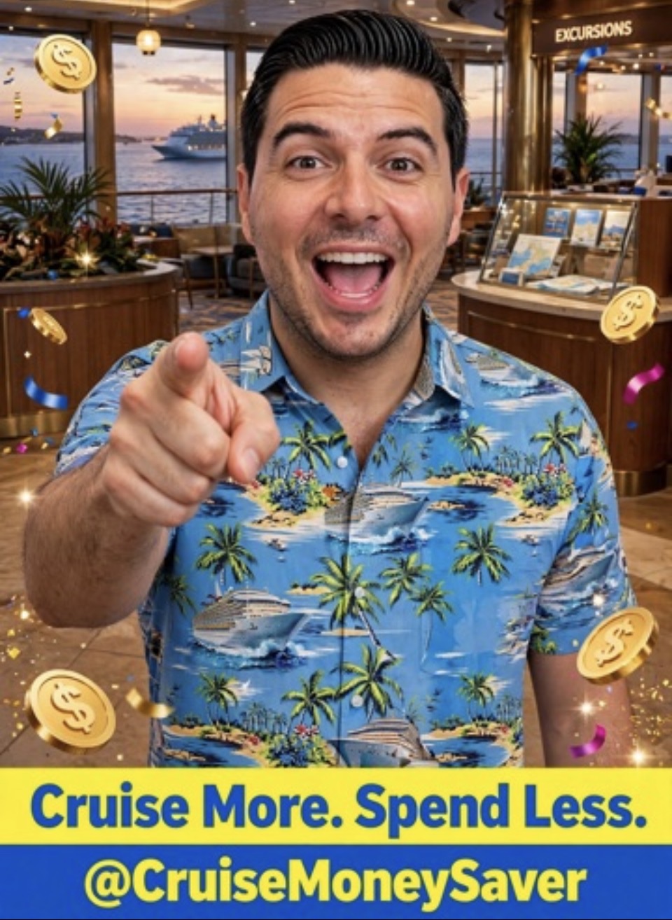 Jay smiling and pointing on a cruise ship with Cruise Money Saver branding